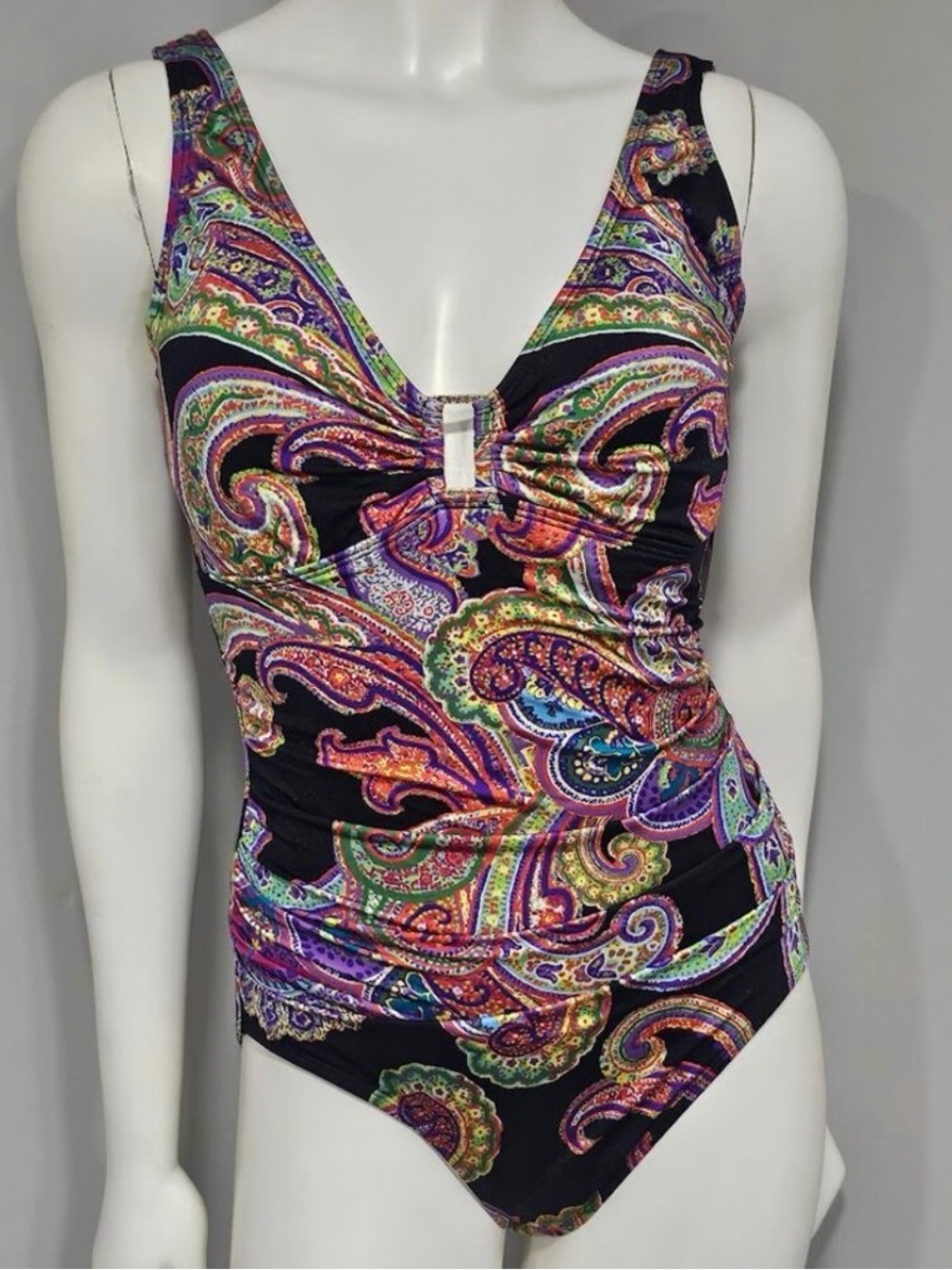 Lauren Ralph Lauren black Bordado Paisley Ruched One-Piece Swimsuit 14 NWT - Picture 9 of 15